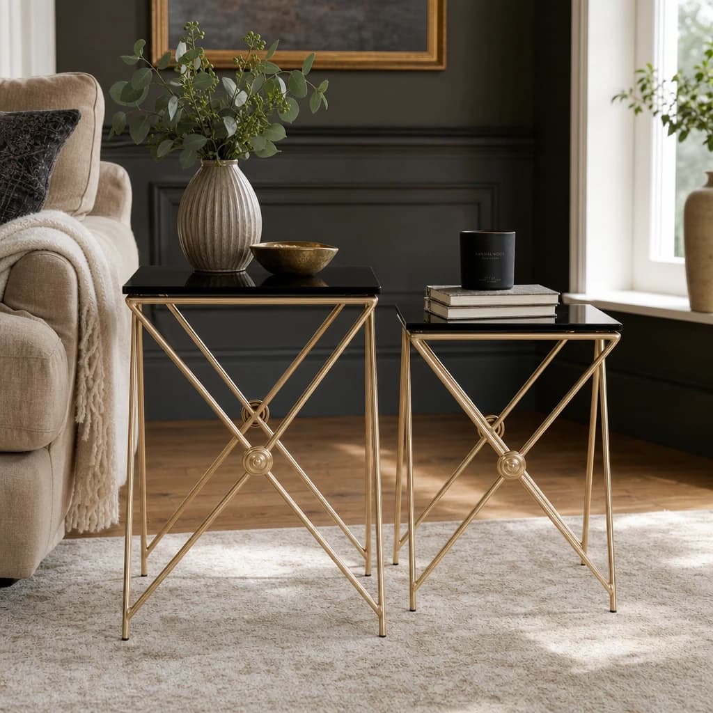 Monroe Black Glass and Gold Finish Set of 2 Side Tables - Tables, photo 1 of 4