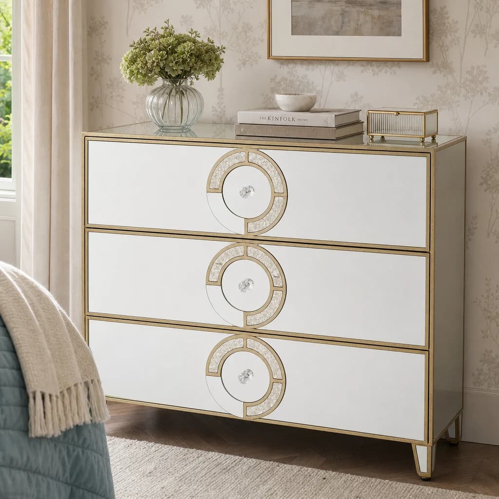 Knightsbridge Champagne Gold and Mirrored Chest of 3 Drawers - Furniture, photo 1 of 7