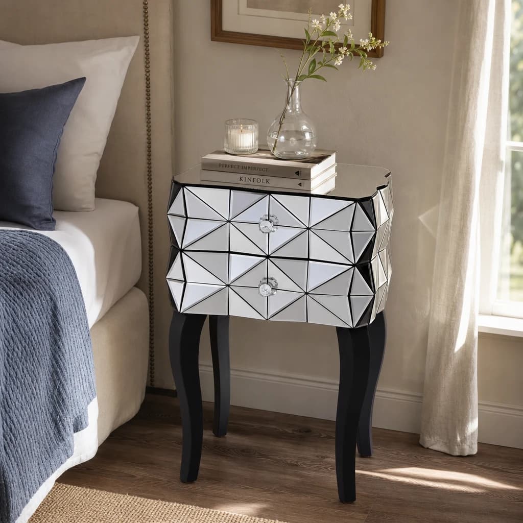 Soho Soho Smoked Faceted Mirror 2 Drawer Bedside Table - Tables, photo 1 of 7