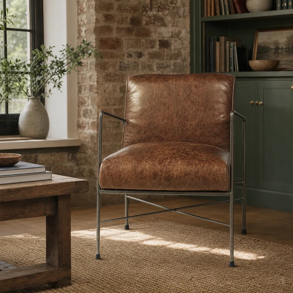 Hoxton Brown Leather Lounge Chair with Slim Metal Frame - Seating, photo 1 of 8