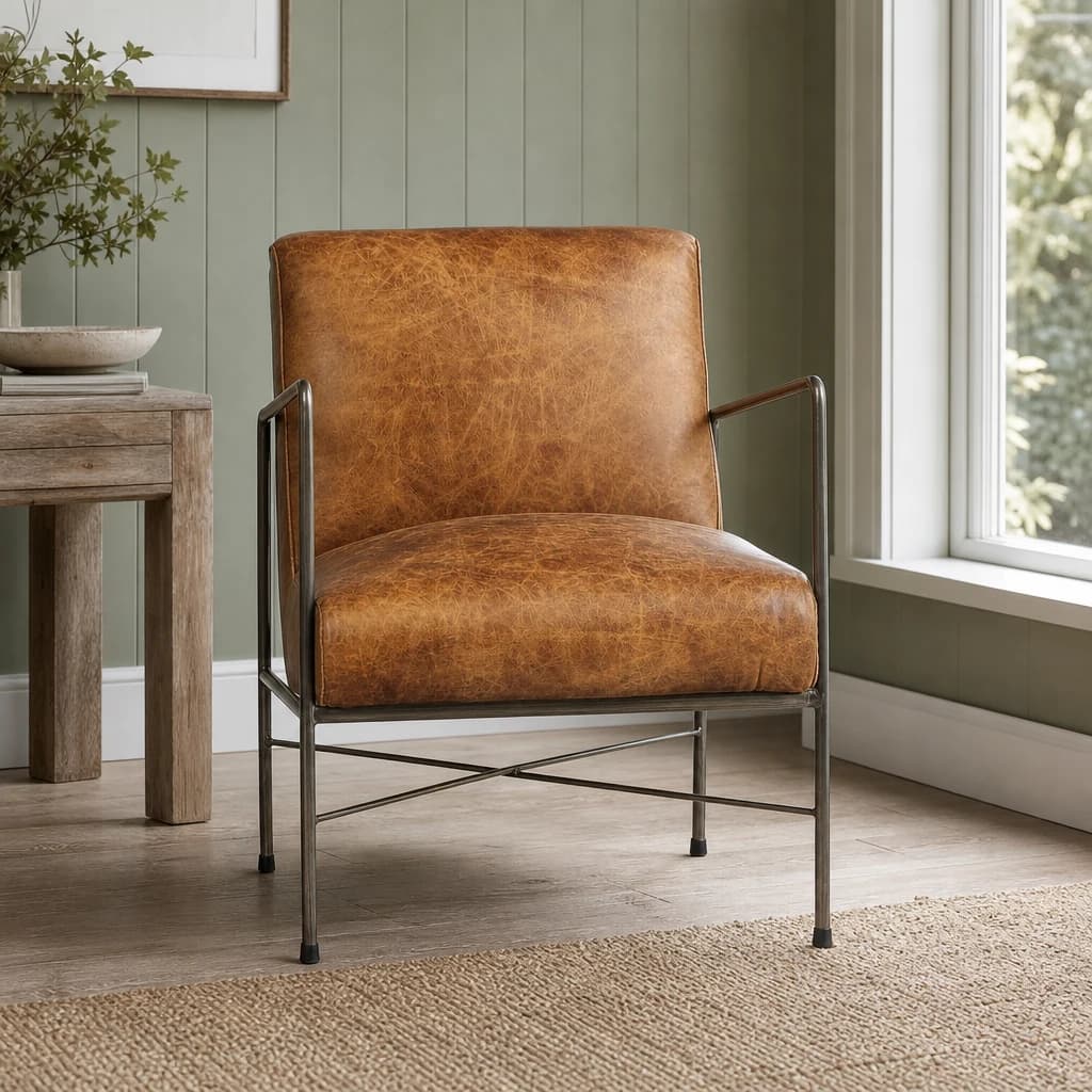 Hoxton Light Brown Leather Lounge Chair with Slim Metal Frame - Seating, photo 1 of 6