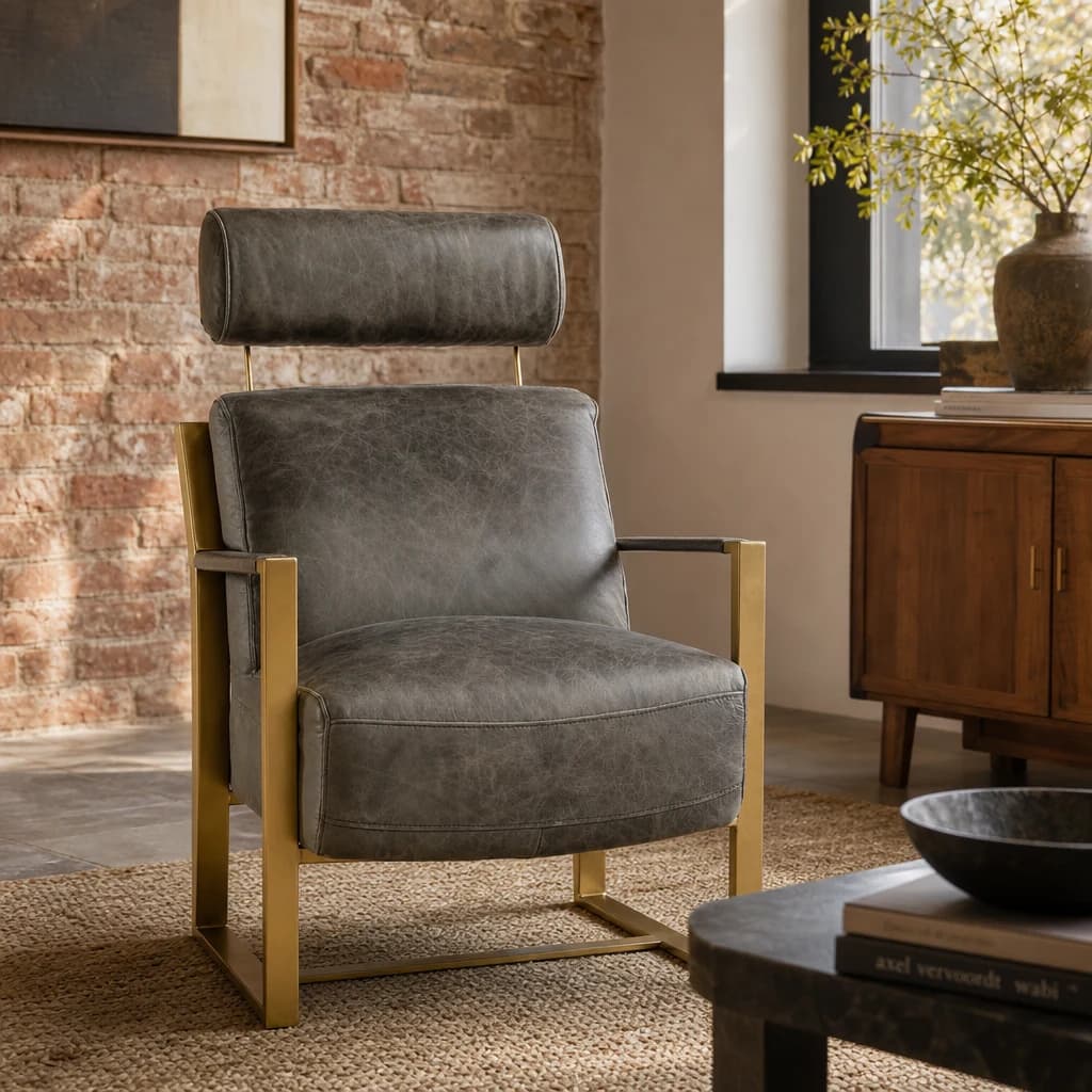 Hoxton Grey Leather Lounge Chair with Headrest - Seating, photo 1 of 8
