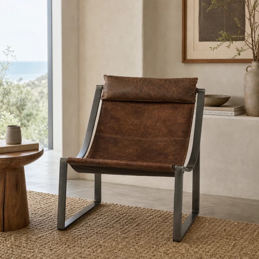 Hoxton Brown Leather Sling Chair - Seating, photo 1 of 8
