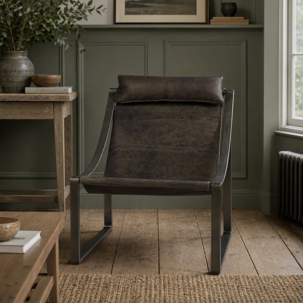 Hoxton Antique Black Leather Sling Chair - Seating, photo 1 of 6