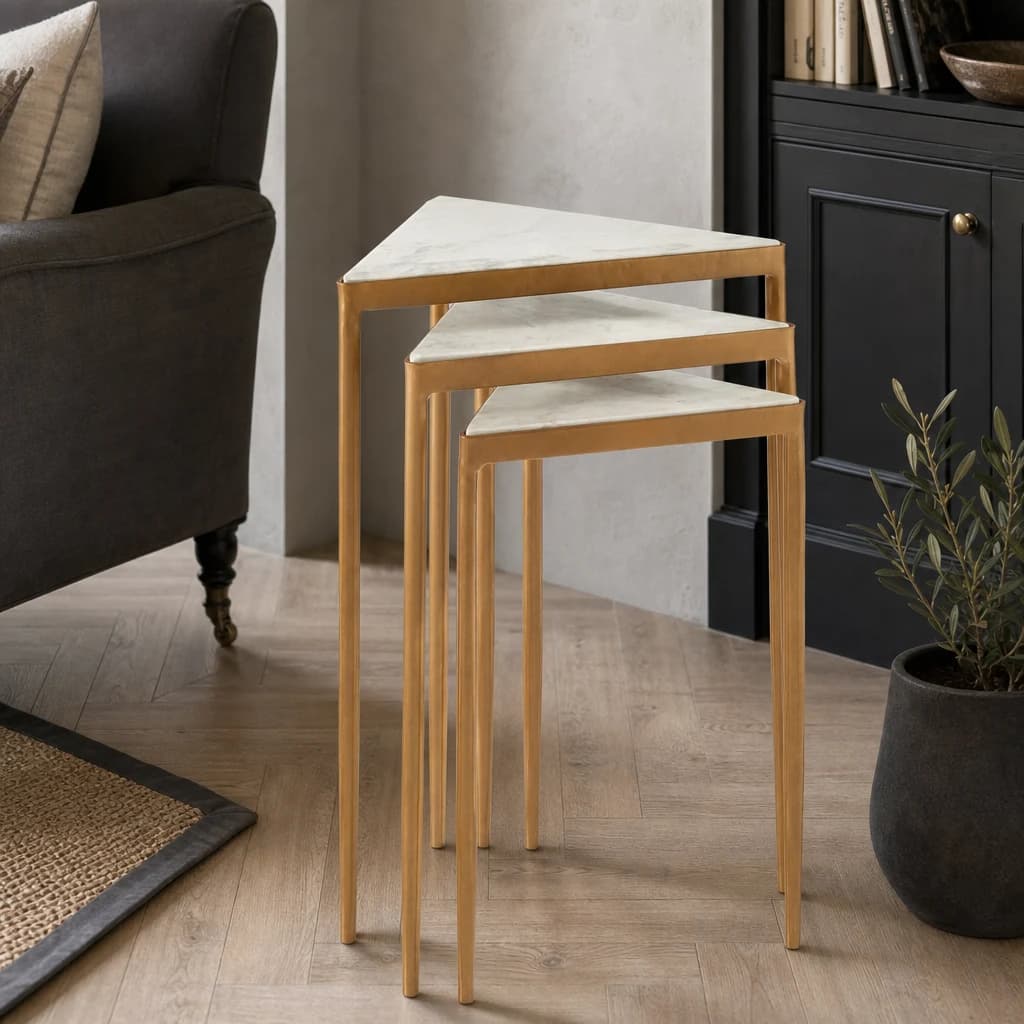 Shalimar White Marble and Gold Finish Set of 3 Triangle Nesting Tables - Tables, photo 1 of 8