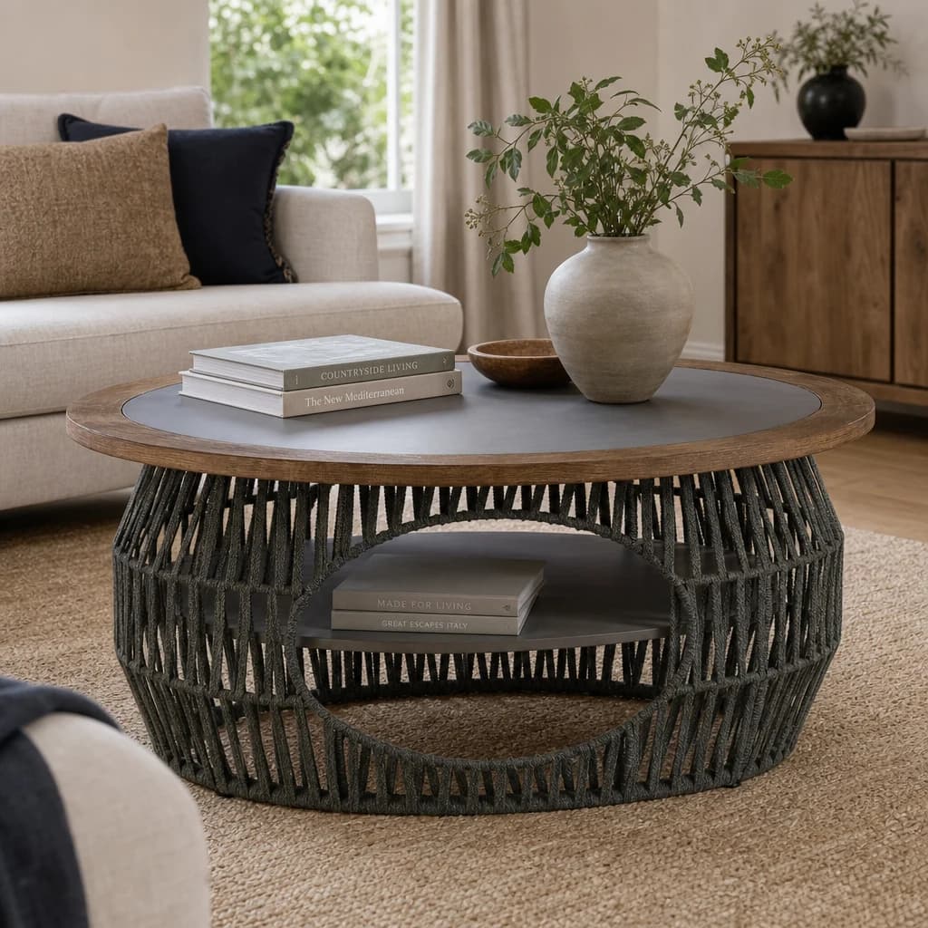 Opus Grey Woven Rope and Stone Round Coffee Table - Tables, photo 1 of 5
