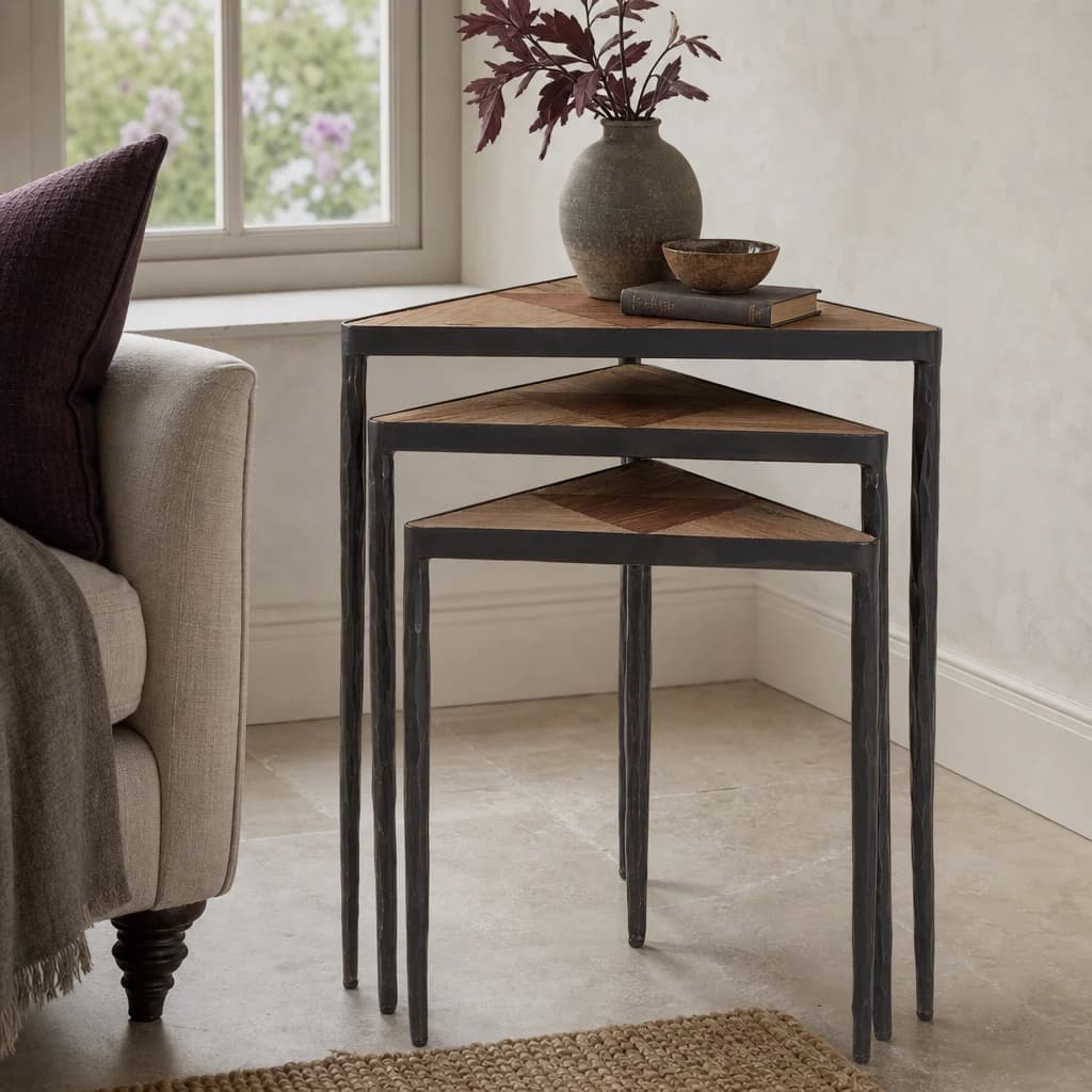 Elmo Elm Wood Set Of 3 Triangular Nesting Tables - Tables, photo 1 of 4