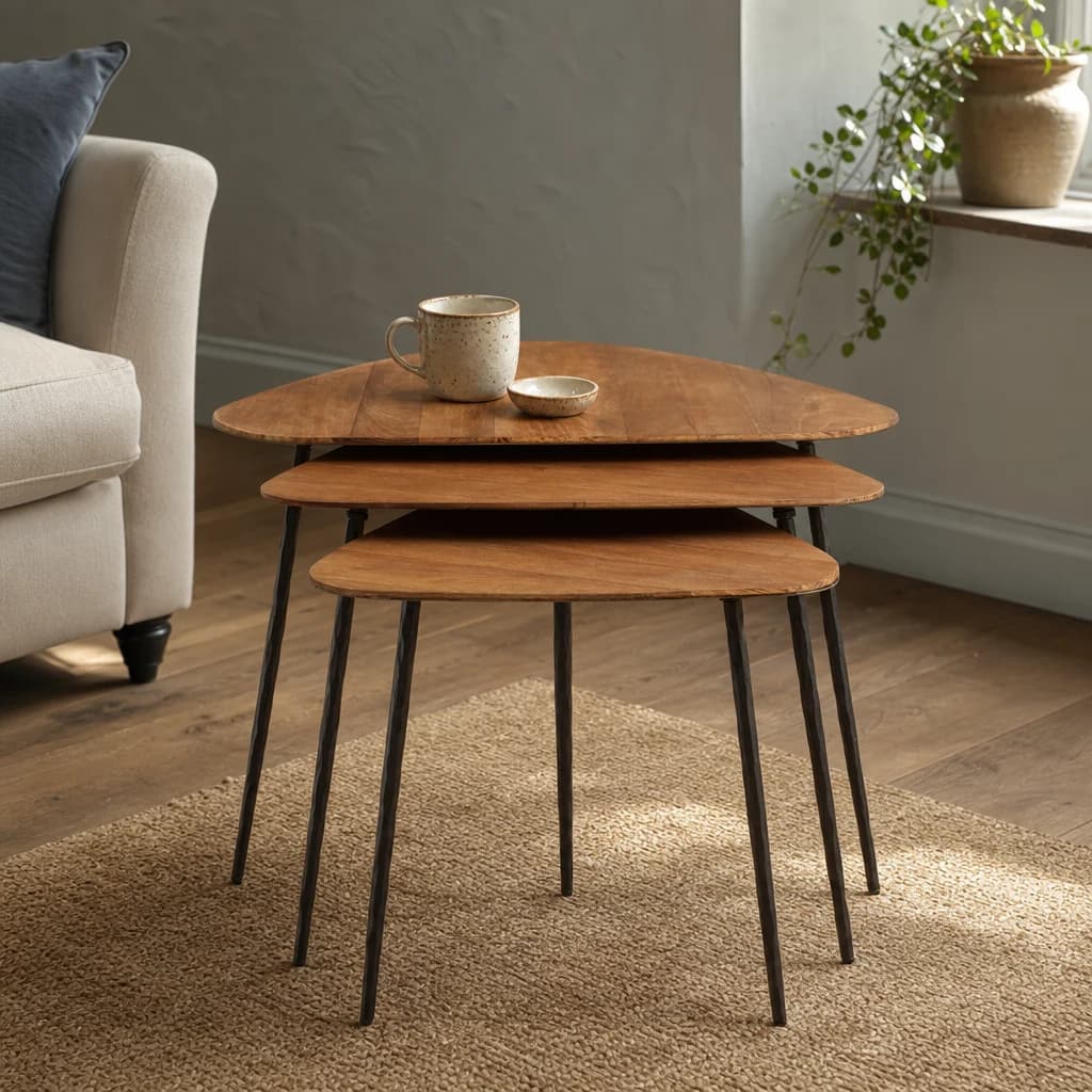 Elmo Elm Wood Top Nest of 3 Triangular Tables - Tables, photo 1 of 6