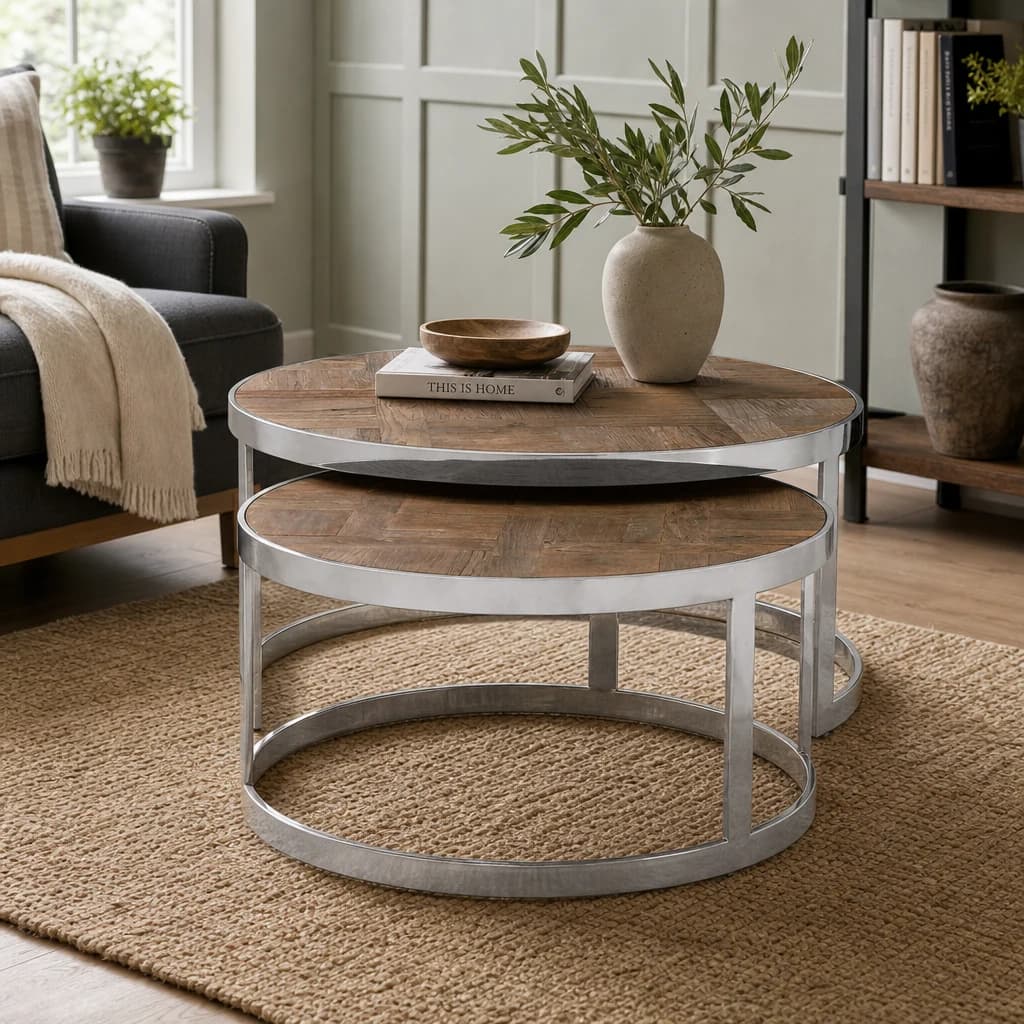 Mitra Elm Wood Nest Of 2 Tables with Silver Finish Frame - Tables, photo 1 of 2