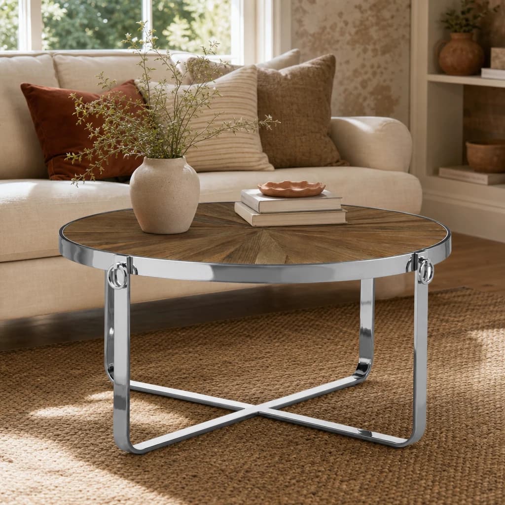 Mitra Elm Wood Coffee Table with Silver Finish Frame - Tables, photo 1 of 5