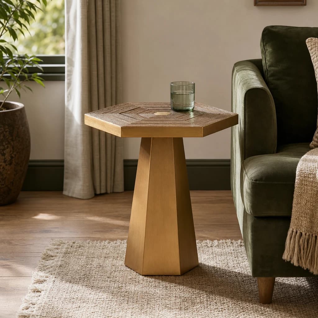Titan Recycled Elm Wood and Gold Small Hexagon Side Table - Tables, photo 1 of 7