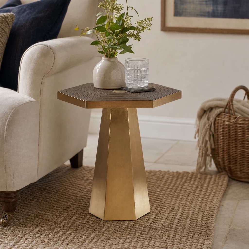 Titan Recycled Elm Wood and Gold Small Hexagon Large Table - Tables, photo 1 of 6