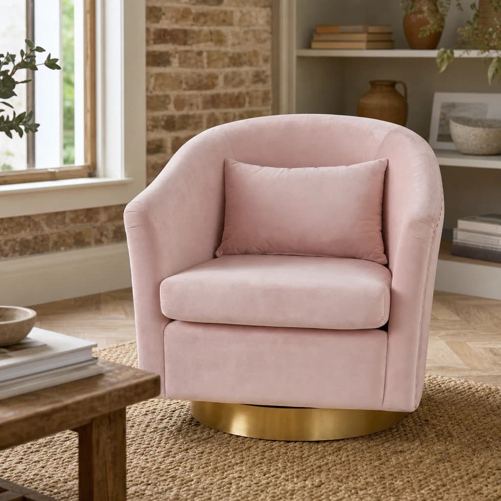 Plazoni Pink Velvet Swivel Chair with Gold Base - Seating, photo 1 of 8