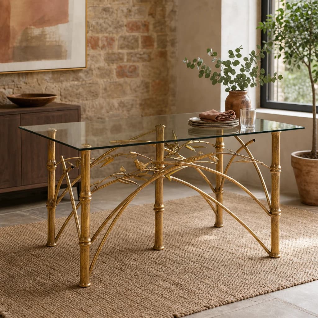 Zariah Glass and Antique Gold Finish Bamboo Design Dining Table - Tables, photo 1 of 5