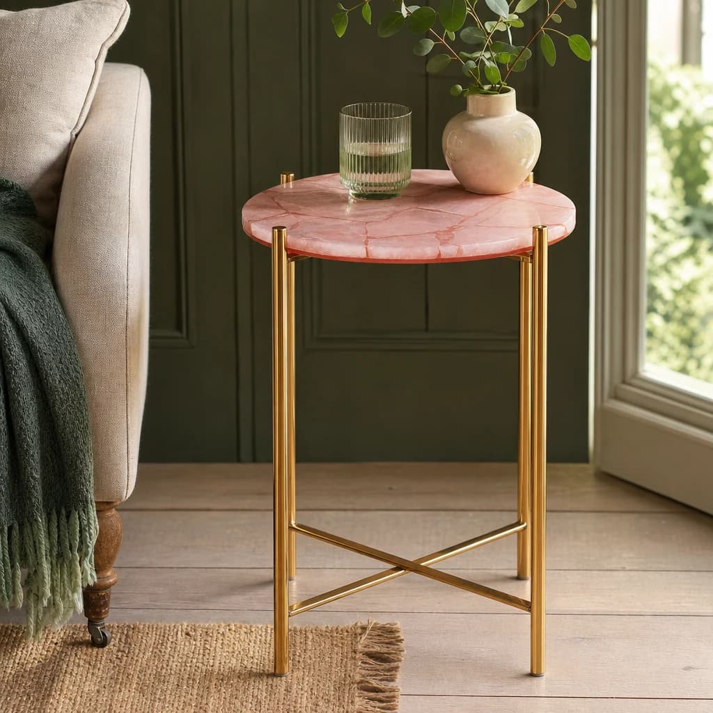 Vita Pink Quartz and Gold Round Side Table - Tables, photo 1 of 4