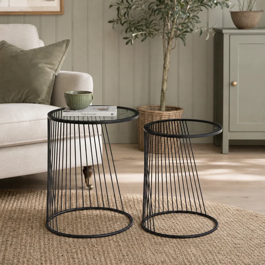 Trento Black Set of 2 Round Side Tables with Glass Tops - Tables, photo 1 of 8