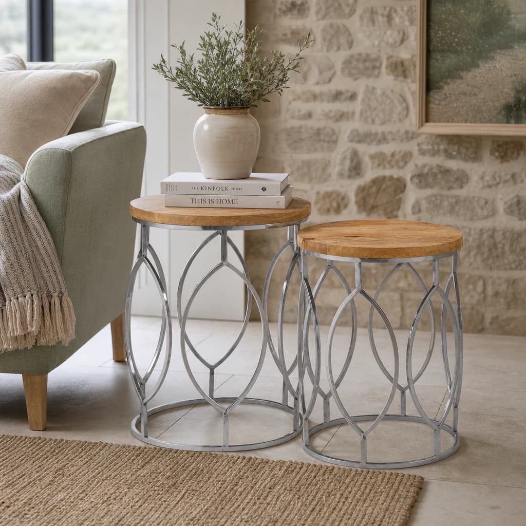 Agra Set Of 2 Mango Wood and Metal Base Side Tables - Tables, photo 1 of 6