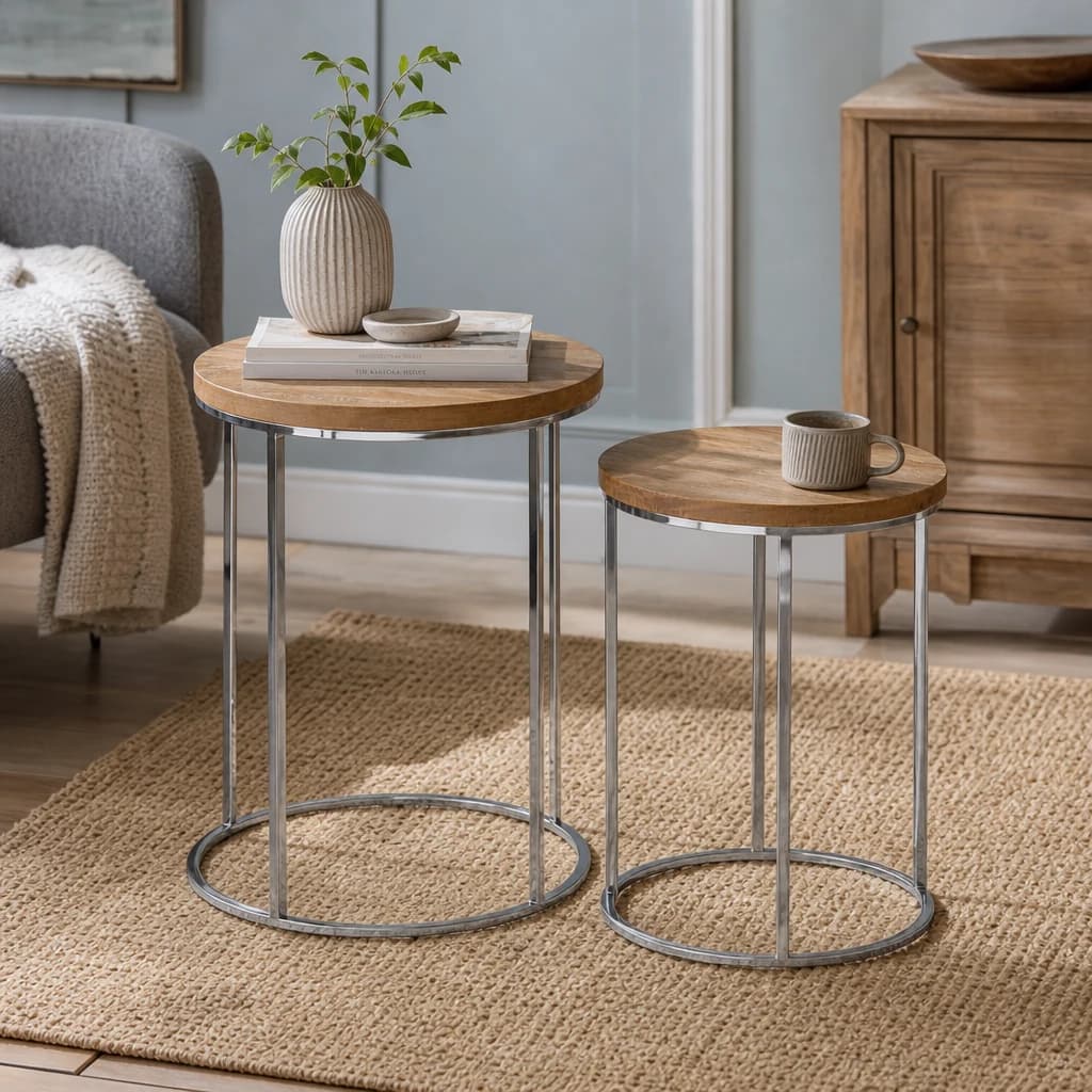 Agra Set Of 2 Mango Wood Top Round Side Tables - Tables, photo 1 of 3