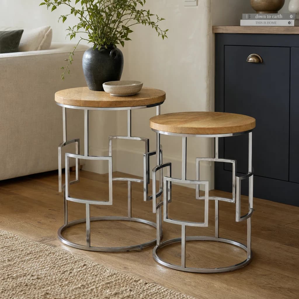 Agra Set Of 2 Mango Wood and Metal Base Nesting Tables - Tables, photo 1 of 6