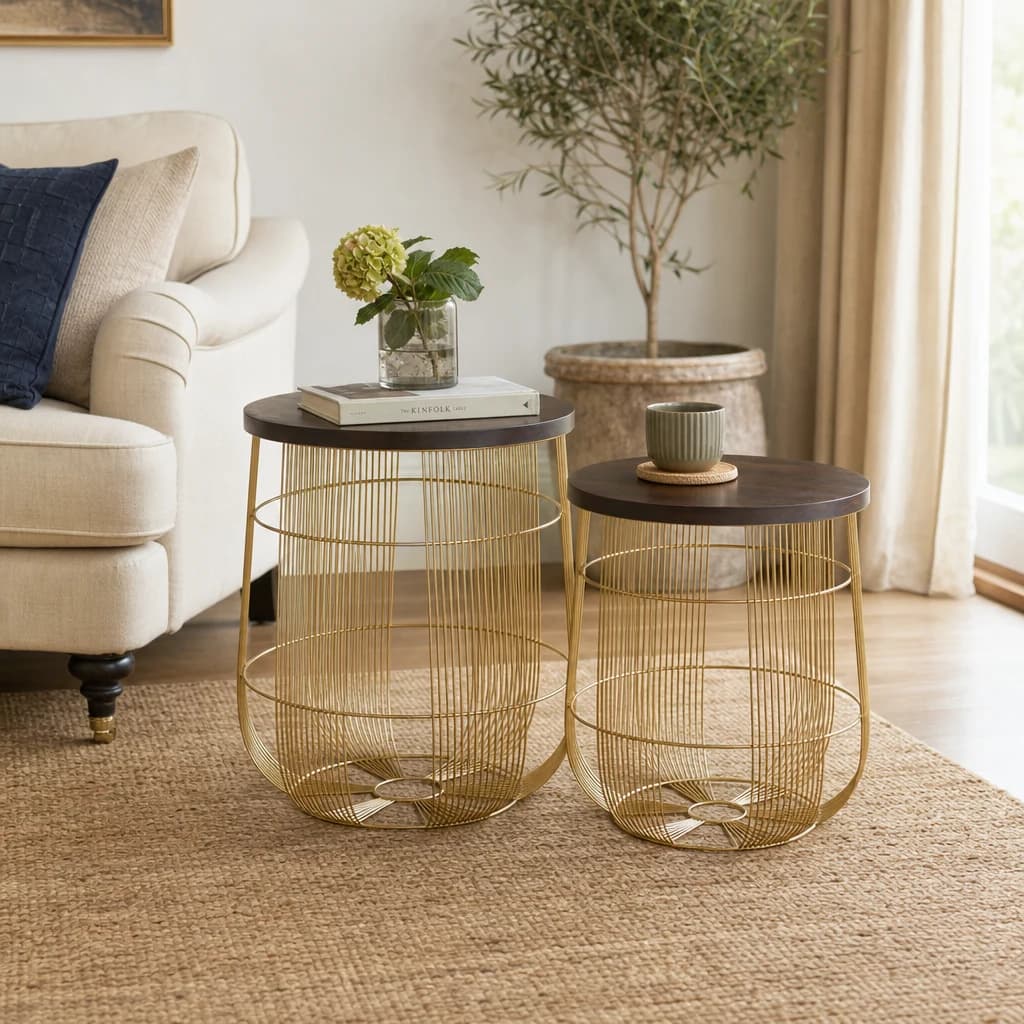Agra Set Of 2 Side Tables in Mango Wood and Brass Finish - Tables, photo 1 of 5