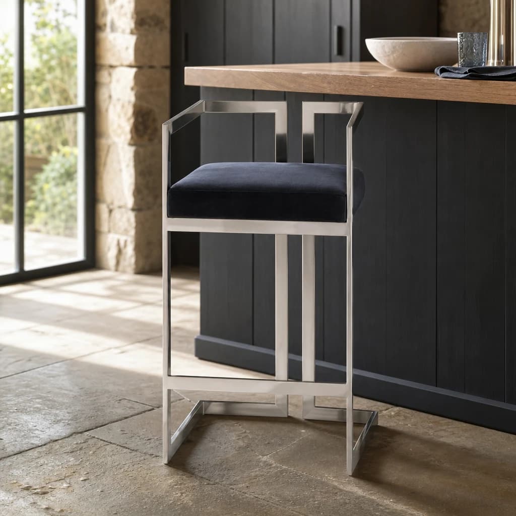 Azalea Black Velvet and Silver Frame Bar Chair - Seating, photo 1 of 7