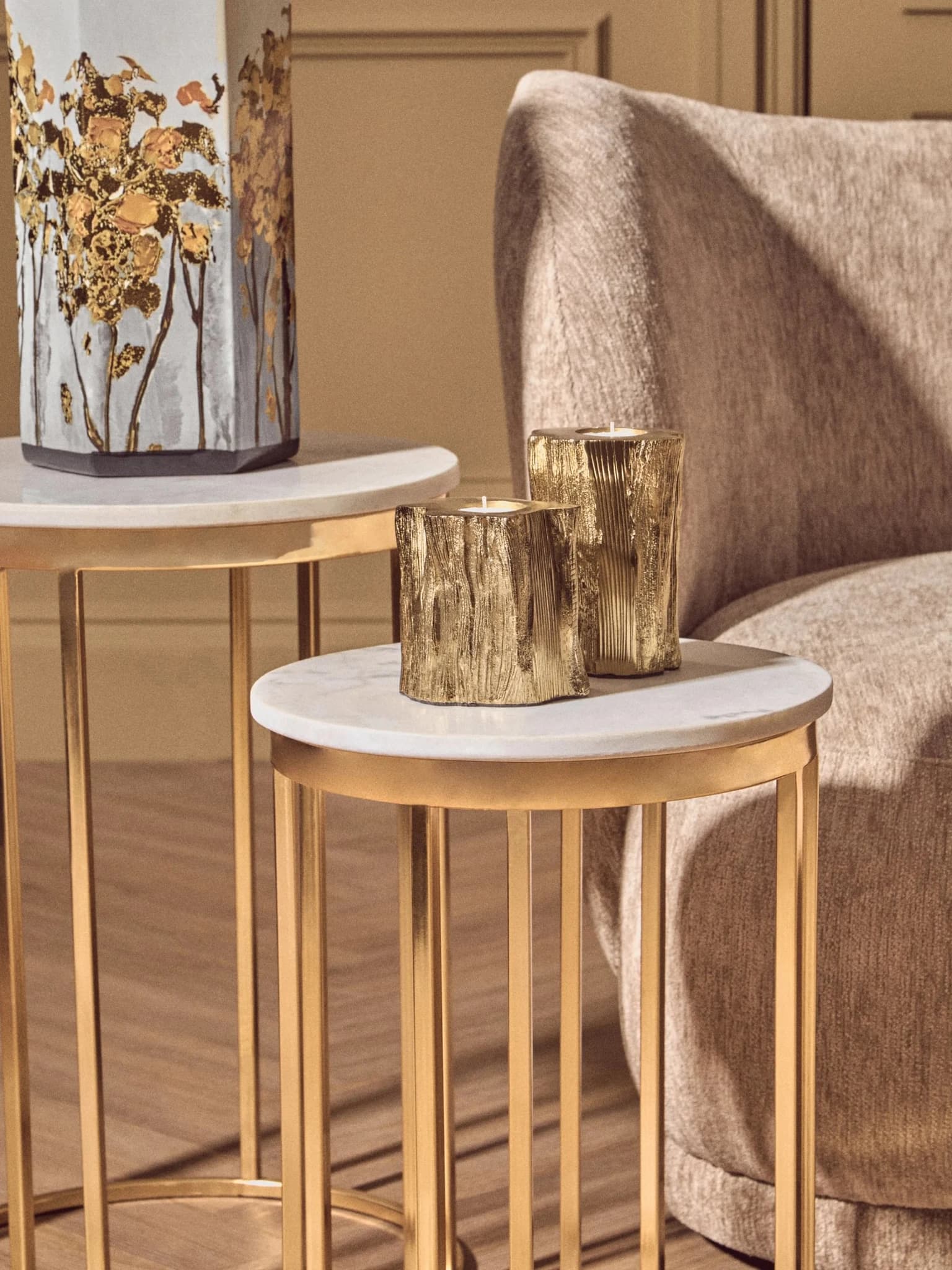 Templar White Marble and Gold Set Of 2 Round Side Tables - Tables, photo 6 of 8