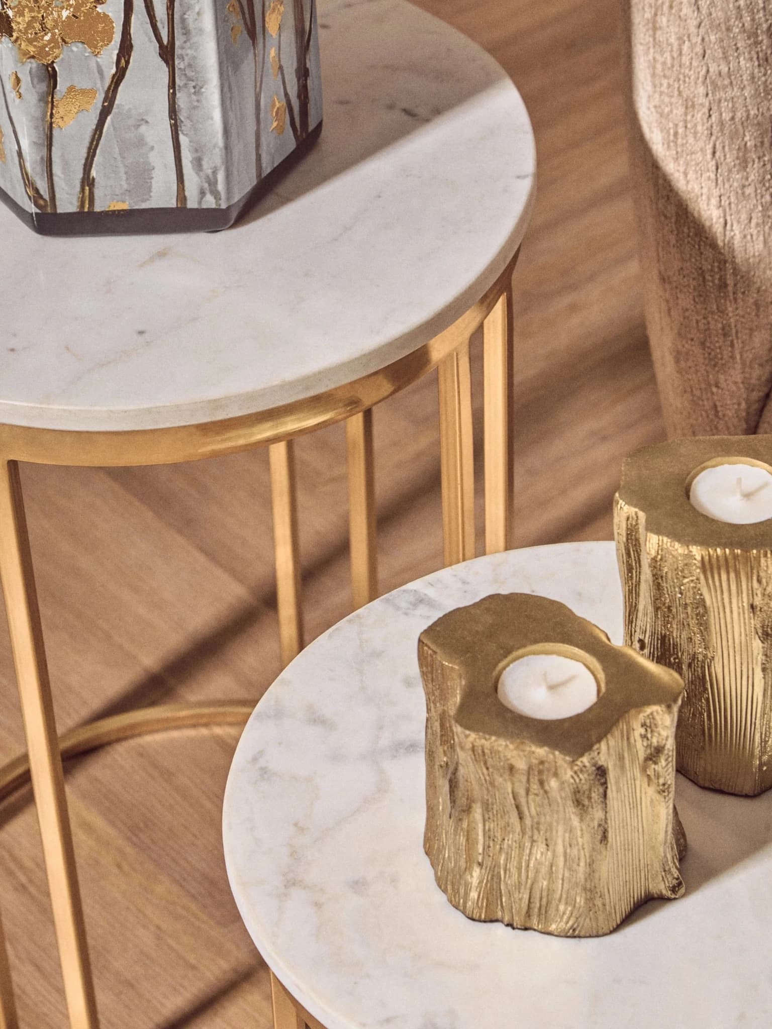 Templar White Marble and Gold Set Of 2 Round Side Tables - Tables, photo 4 of 8