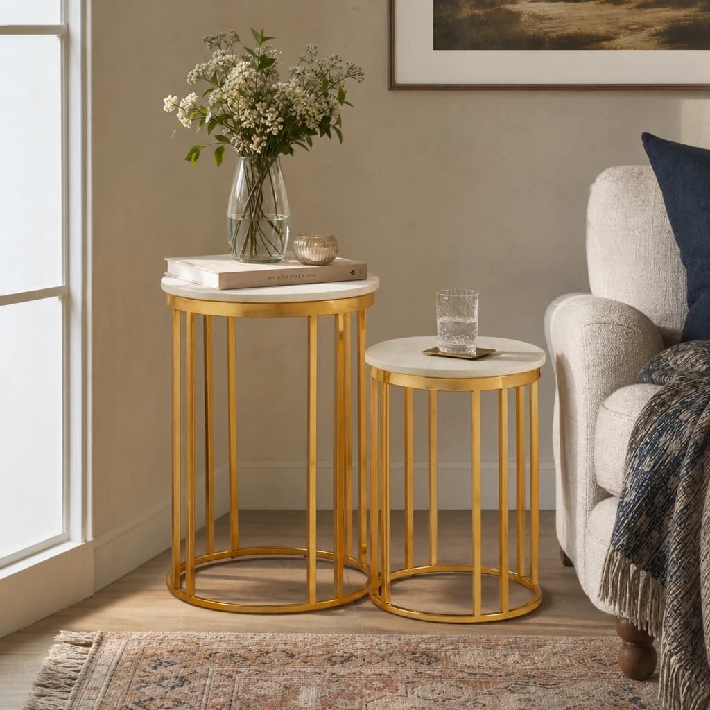 Templar White Marble and Gold Set Of 2 Round Side Tables - Tables, photo 1 of 8