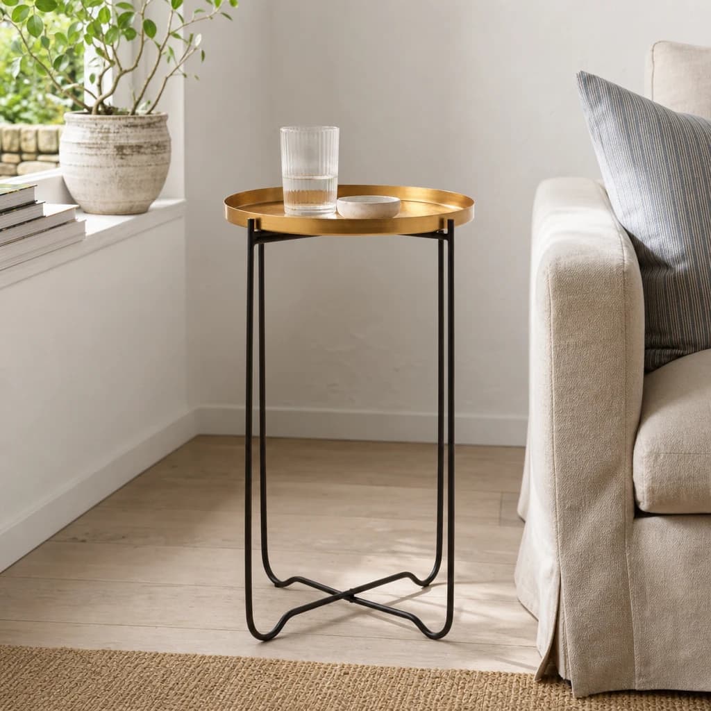 Templar Gold Finish Tray Top Round Side Table - Tables, photo 1 of 5