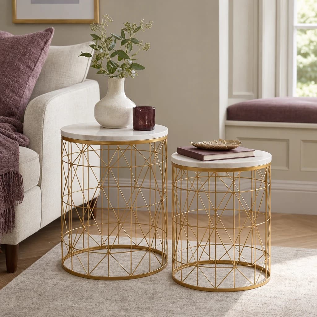 Avantis Gold Finish and White Marble Set Of 2 Round Side Tables - Tables, photo 1 of 8