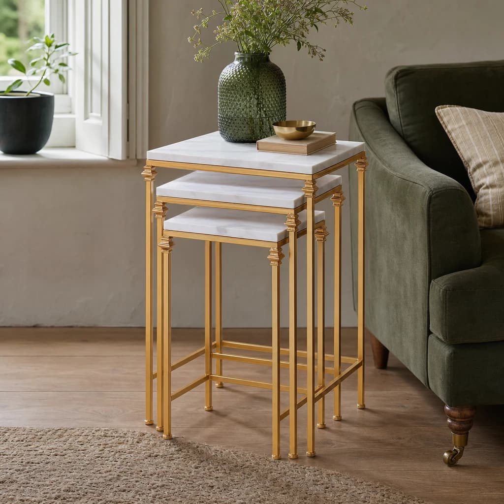 Avantis Gold Finish and White Marble Set Of 3 Square Side Tables - Tables, photo 1 of 5