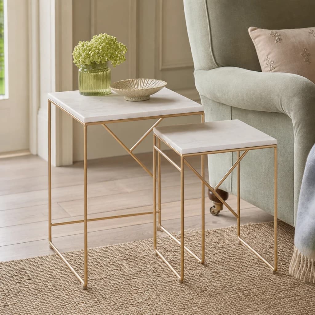 Avantis Gold Finish and White Marble Set Of 2 Square Nesting Tables - Tables, photo 1 of 7