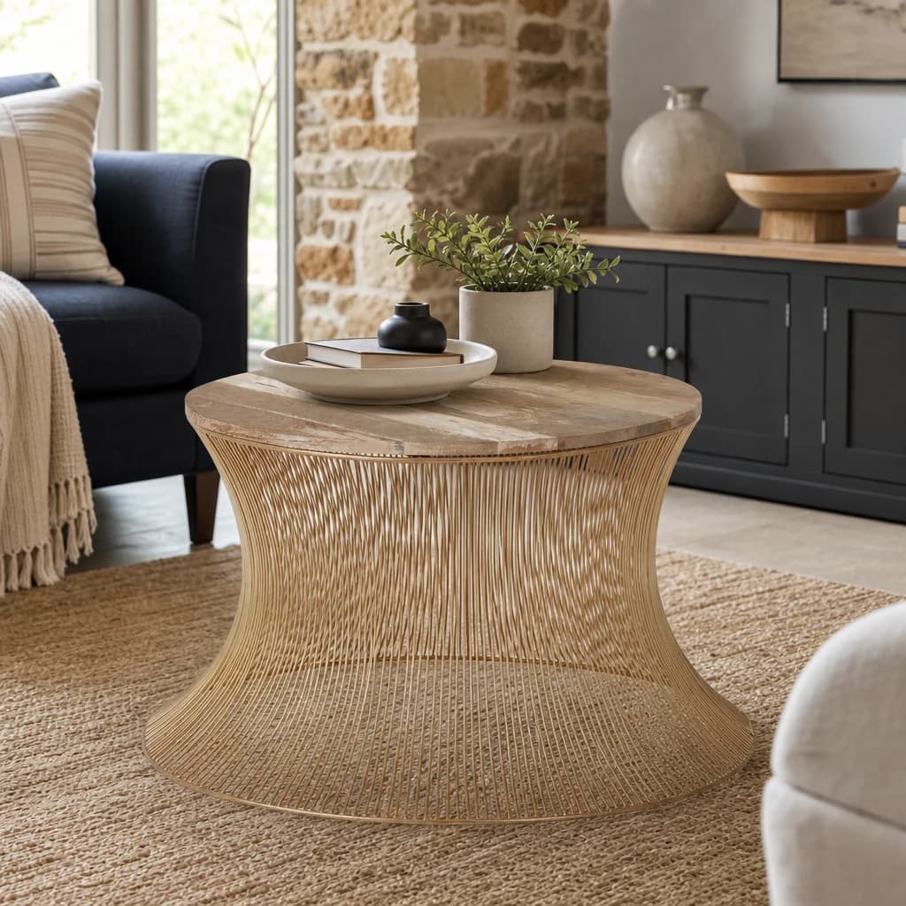 Templar Mango Wood and Gold Hourglass Round Coffee Table - Tables, photo 1 of 8