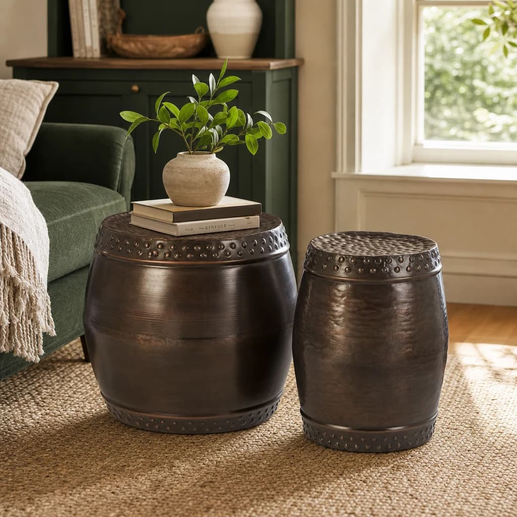 Reza Antique Bronze Finish Set of 2 Drum Style Stools and Side Tables - Seating, photo 1 of 5