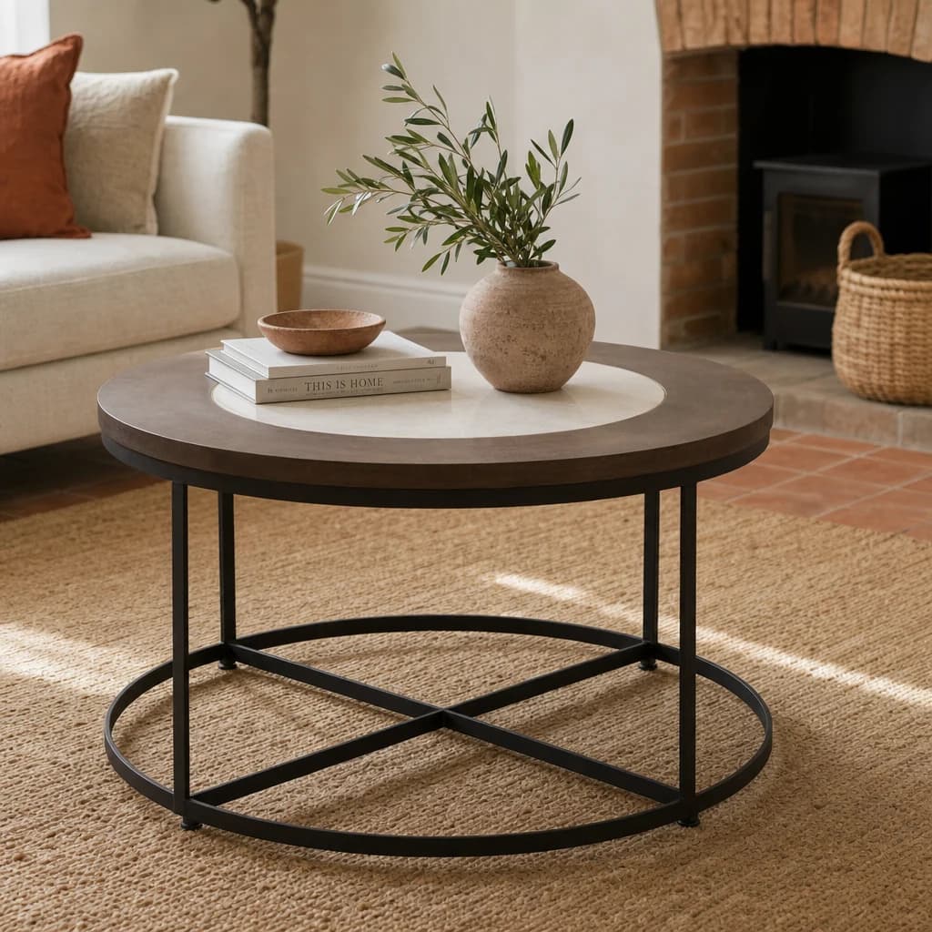 Vasco Wood and Marble Top Coffee Table with Black Iron Base - Tables, photo 1 of 4