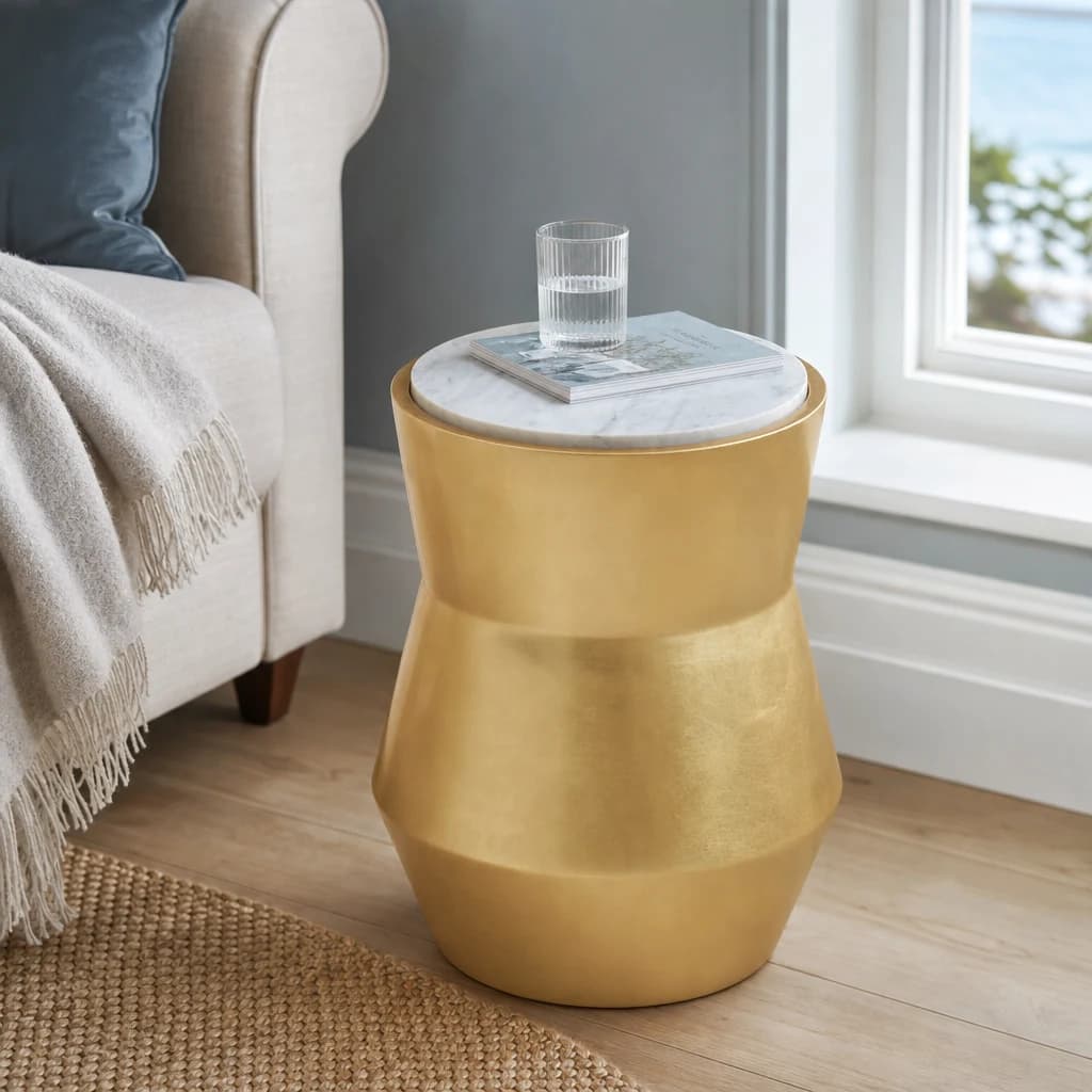 Lino Gold and Marble Drum Side Table - Tables, photo 1 of 7