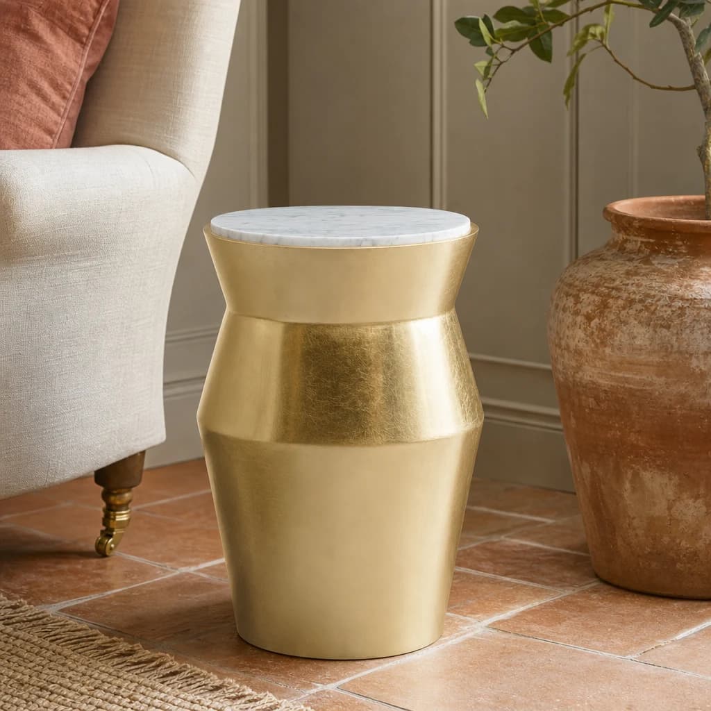 Lino Gold and Marble Tall Drum Side Table - Tables, photo 1 of 6
