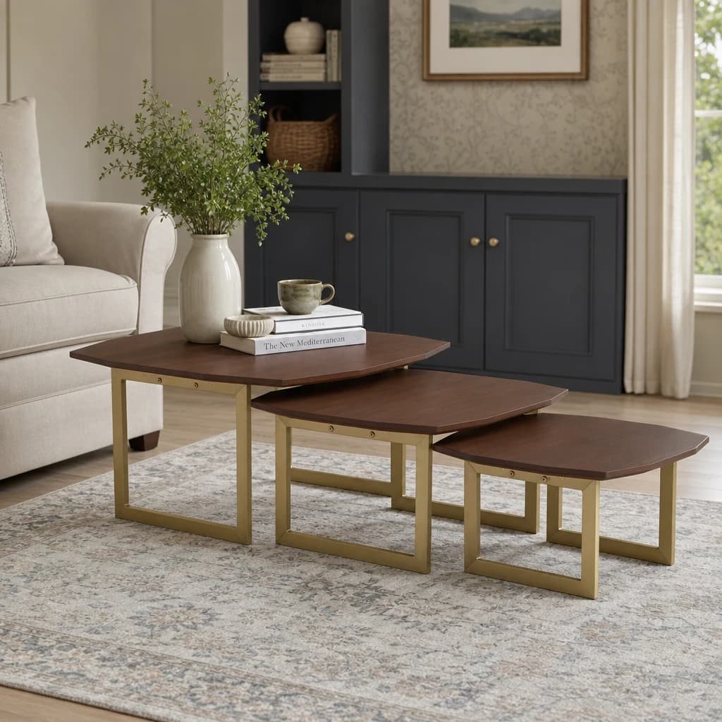 Villi Set of Three Wooden Nesting Side Tables with Gold Legs - Tables, photo 1 of 7