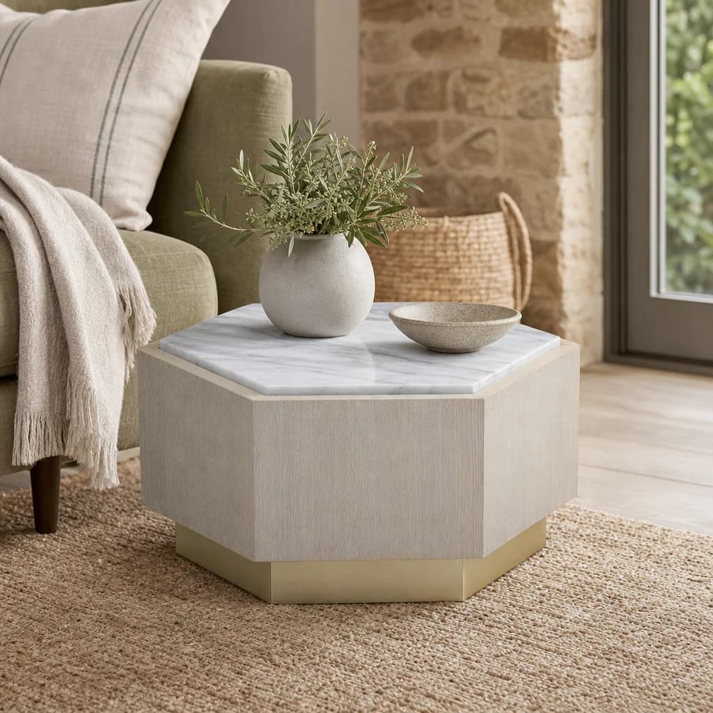 Villi White Marble and Wooden Hexagon Small Side Table - Tables, photo 1 of 5