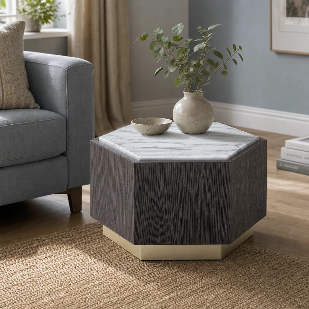 Villi Dark Oak Veneer and White Marble Hexagon Side Table - Tables, photo 1 of 6