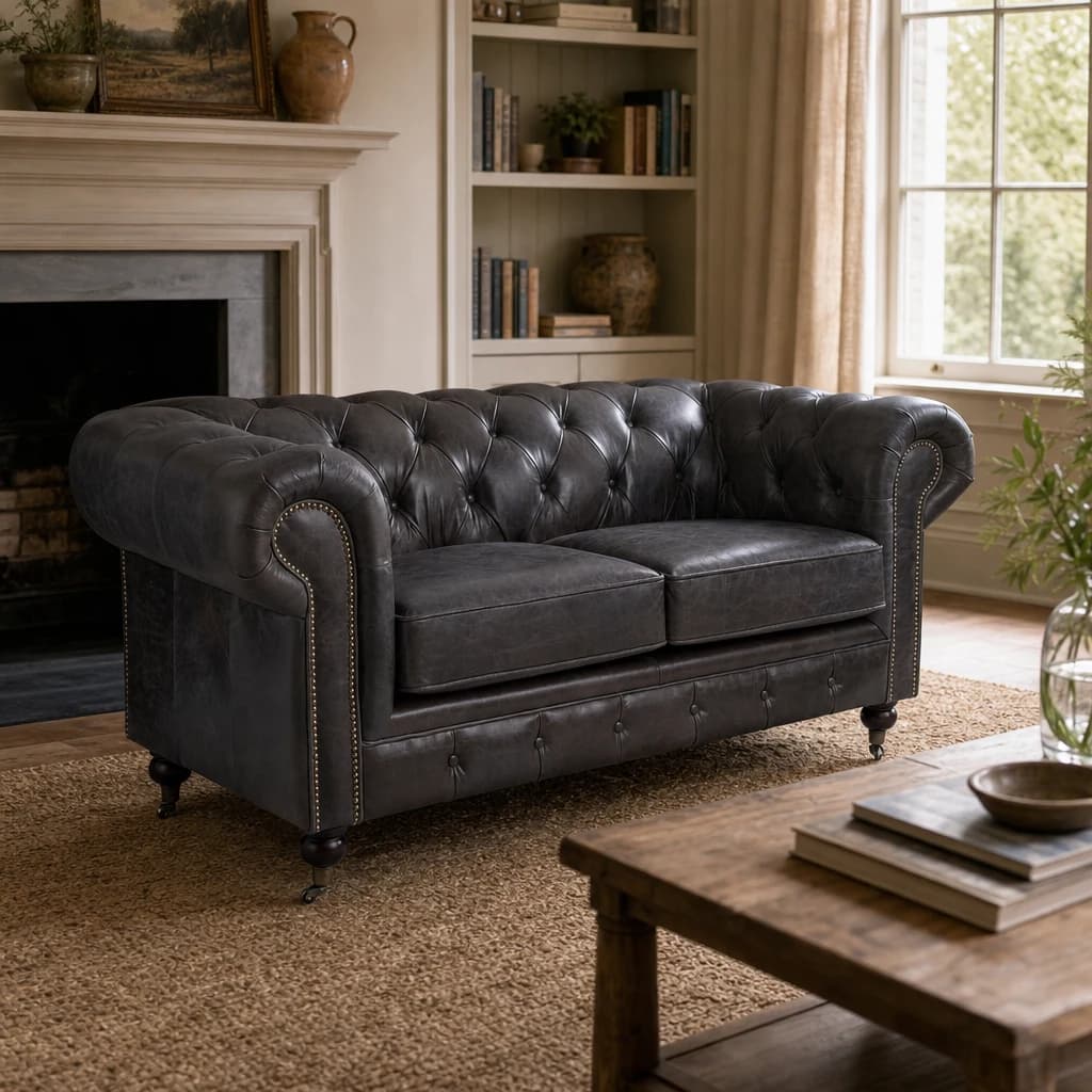 Victor Dark Grey Brown Leather Chesterfield 2 Seat Sofa - Seating, photo 1 of 8
