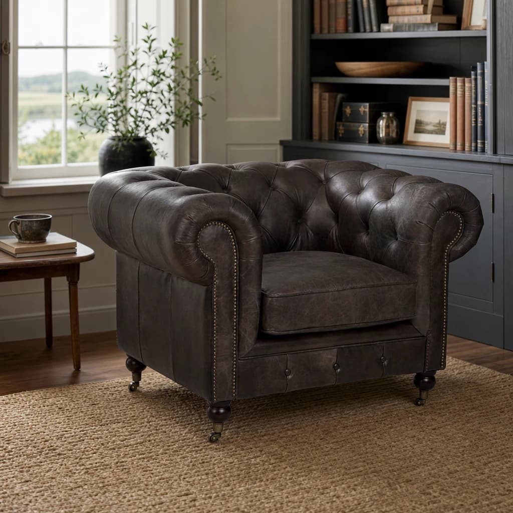 Victor Dark Grey Brown Leather Chesterfield Chair - Seating, photo 1 of 8