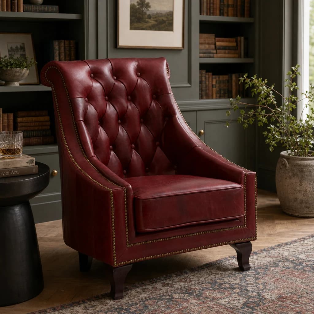 Victor Deep Red Leather Lounge Chair with Tufted Back - Seating, photo 1 of 8