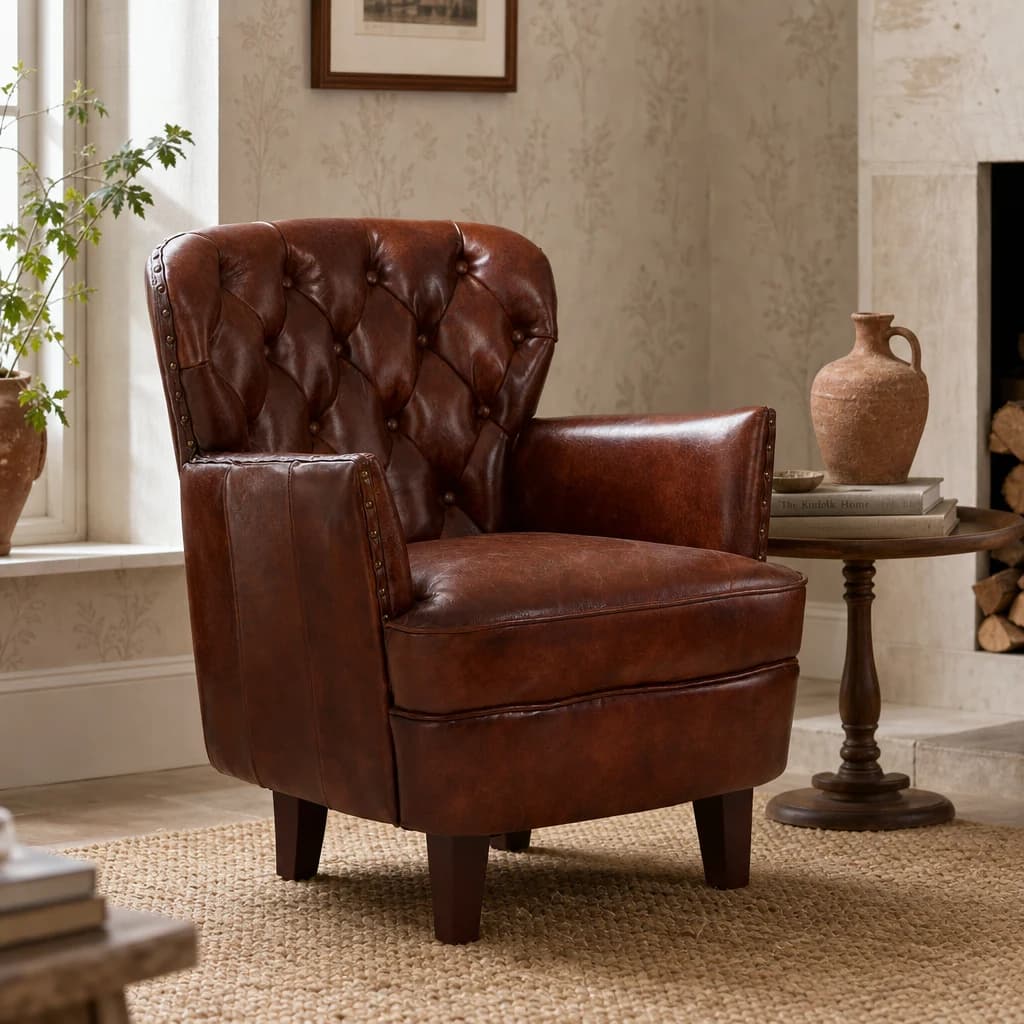 Victor Brown Leather Armchair with Button Tufted Back - Seating, photo 1 of 8