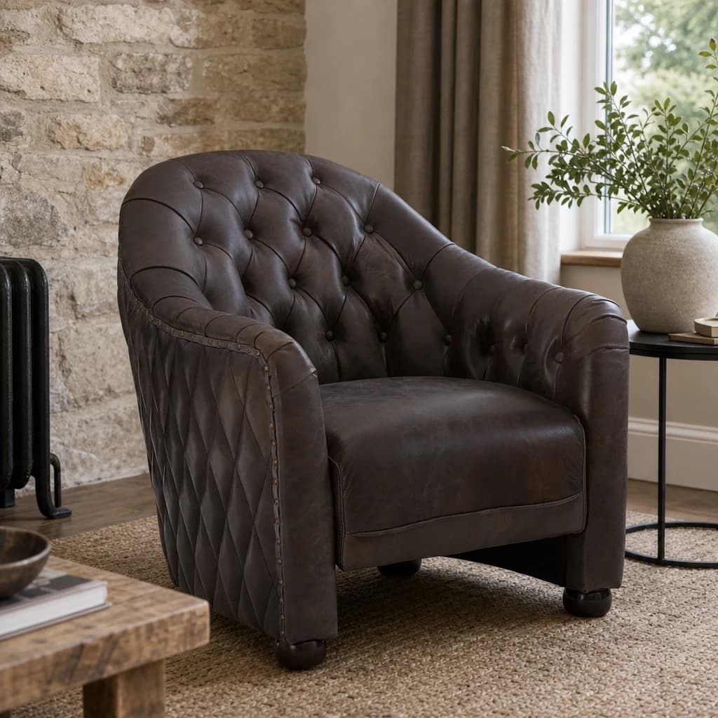 Victor Dark Grey Brown Leather Tub Chair - Seating, photo 1 of 8
