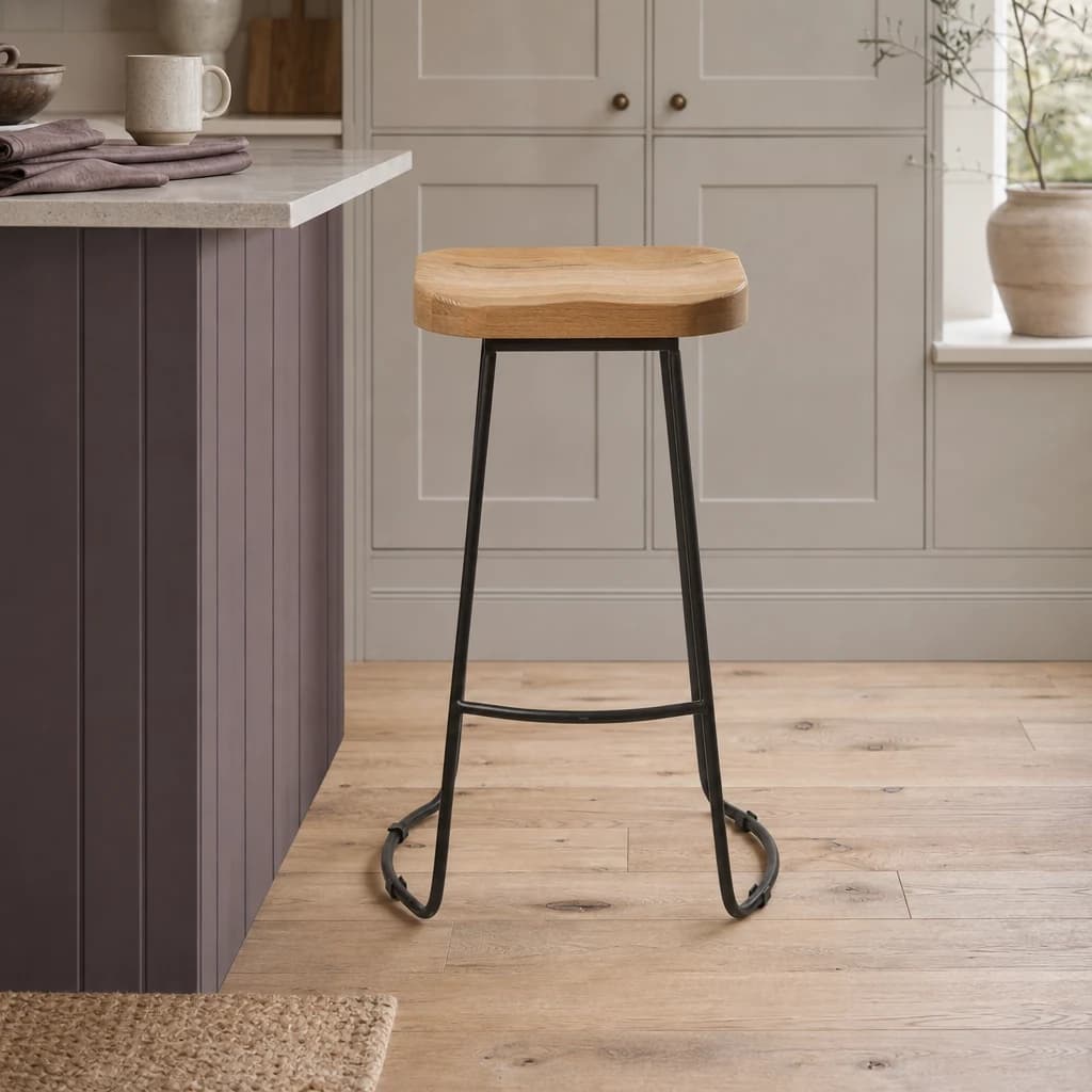 Lyon Oak Wood Saddle Seat Bar Stool with Black Legs - Seating, photo 1 of 7