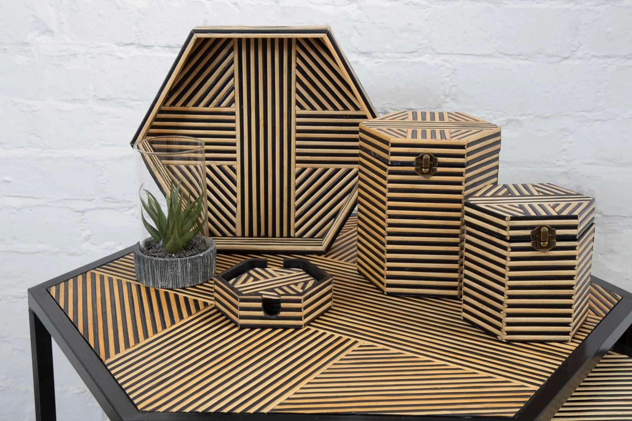 Babita Bamboo Inlay Set of 2 Hexagon Nest of Tables - Tables, photo 2 of 6