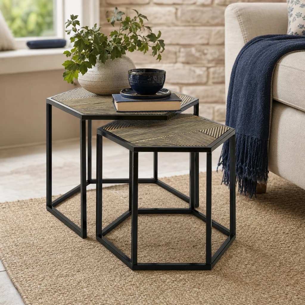 Babita Bamboo Inlay Set of 2 Hexagon Nest of Tables - Tables, photo 1 of 6