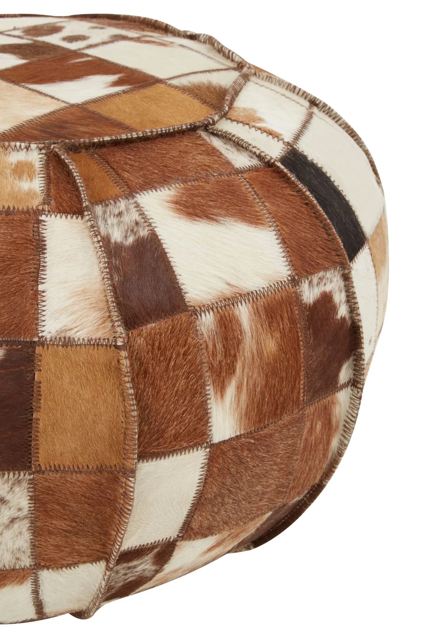 Buffalo Brown and Cream Hair on Leather Patchwork Pouffe - Decorative, photo 4 of 4
