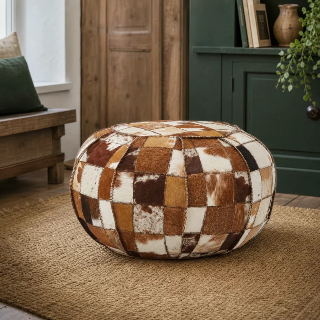 Buffalo Brown and Cream Hair on Leather Patchwork Pouffe - Decorative, photo 1 of 4